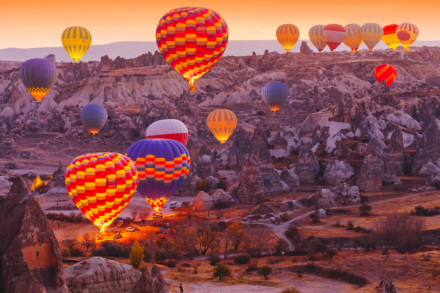 Hot air balloons Cappadocia landscape view.